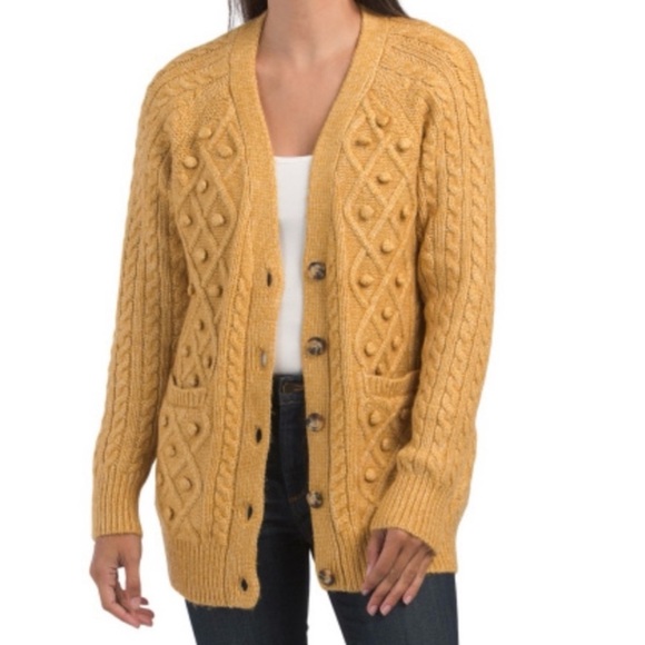 Cupcakes and Cashmere Gold Cable Knit V-neck Pom Pom Cardigan Size Medium - Picture 1 of 11